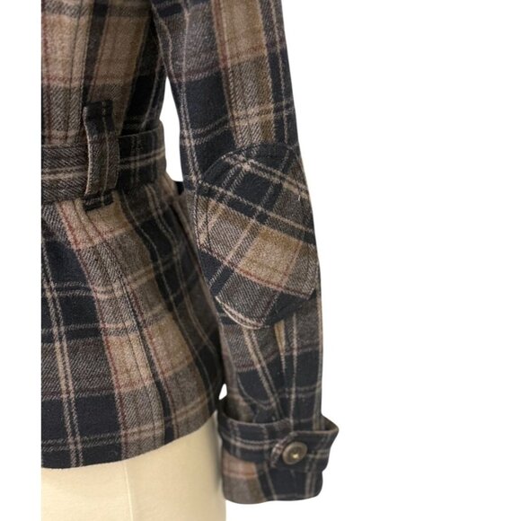 Vintage Juicy Couture Navy Plaid Wool Cashmere Coat Jacket Belted Hooded Size 2 - Picture 6 of 16